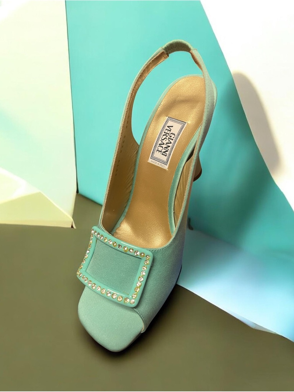 Versace Mint Green Crystal-Embellished Slingback Heels
